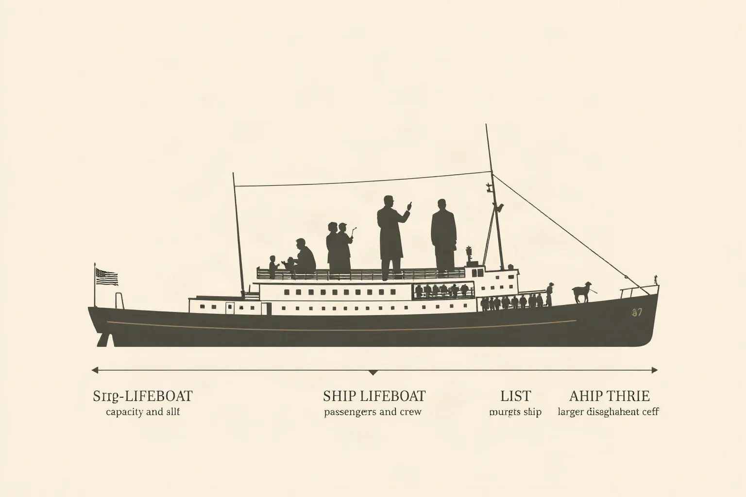 Historical-style diagram comparing a ship's lifeboat capacity against a much larger silhouette of passengers and crew
