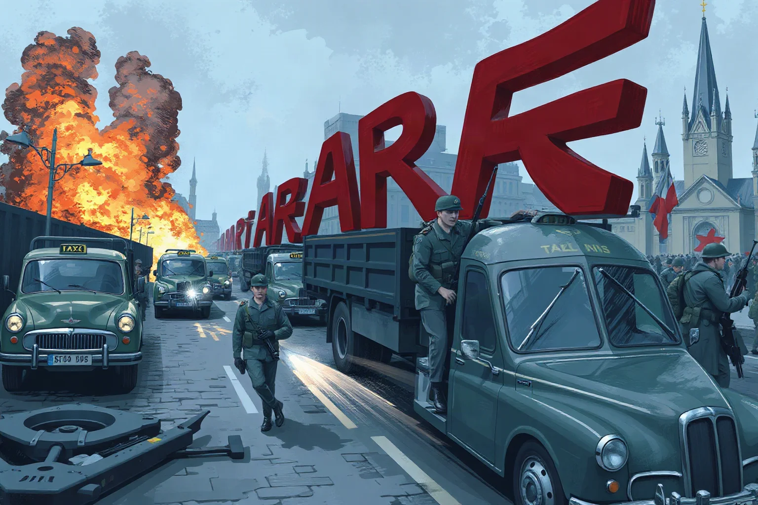 Historical-style illustration of French and British reserve troops rushing toward the Marne River front in taxis and trucks