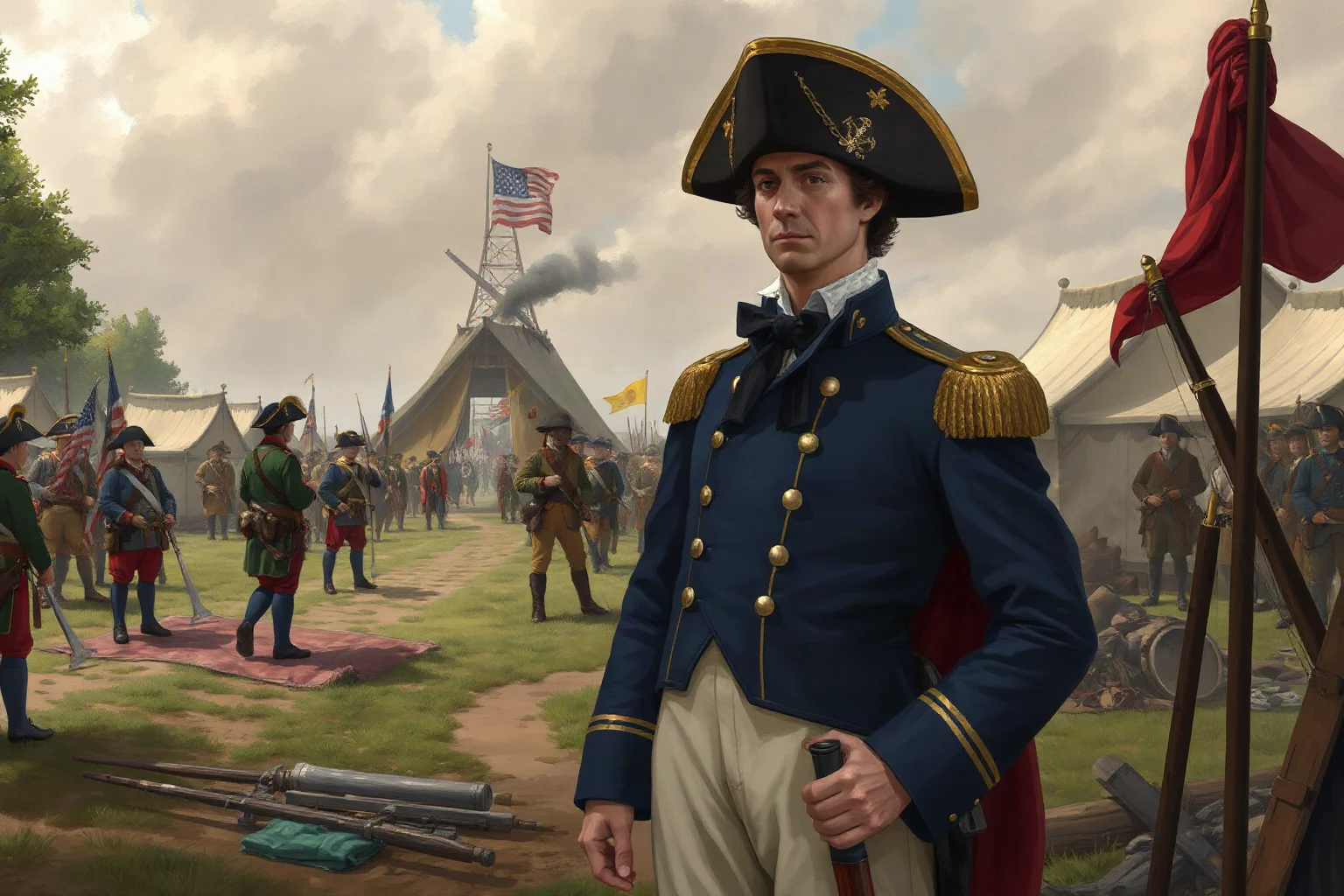 18th-century American general in Continental Army uniform standing before a Revolutionary War encampment, illustrated style
