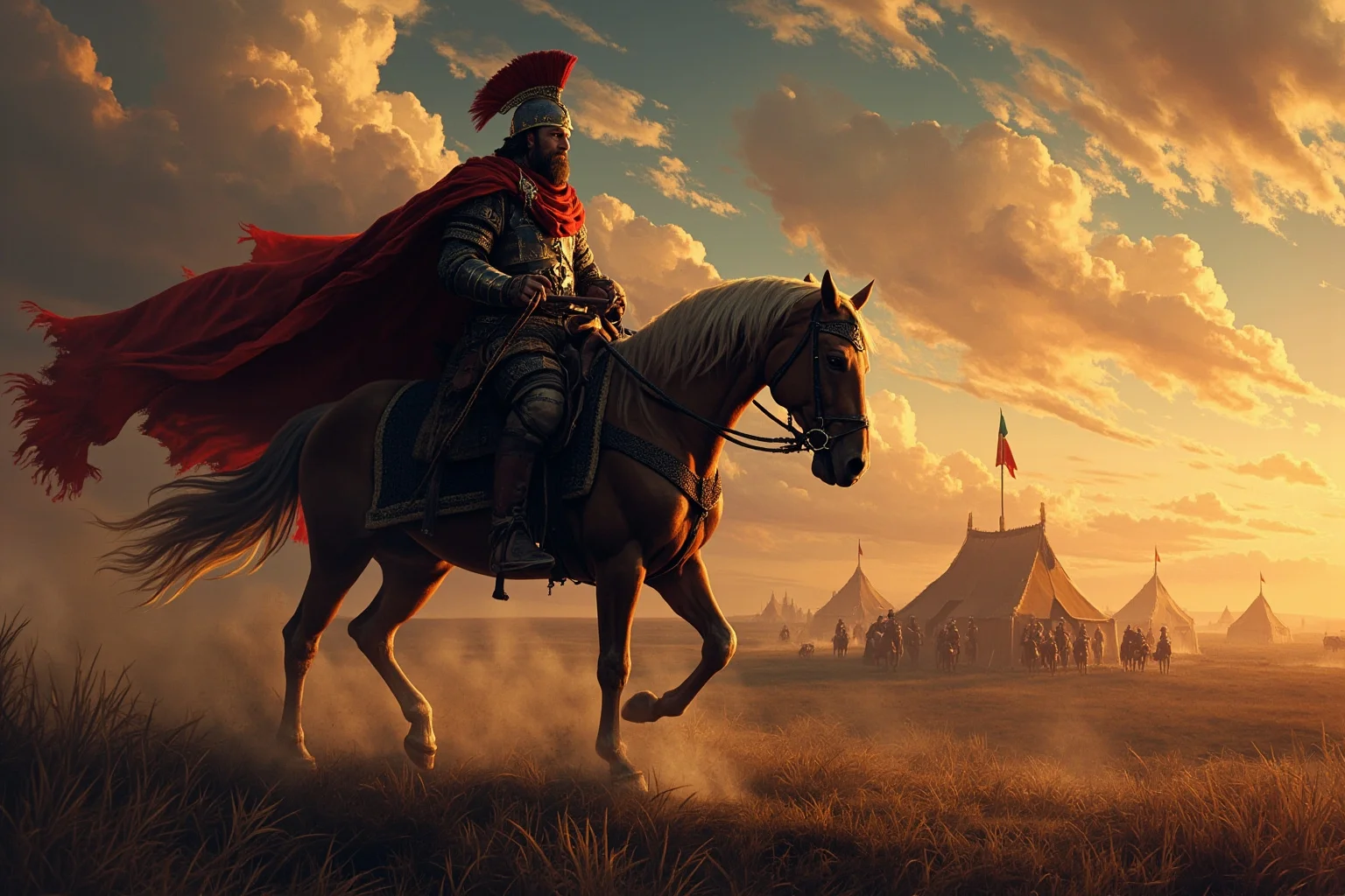 Historical Villains Who Were Actually Heroes 2 Painterly illustration of a fearsome Hunnic warlord on horseback before a steppe war camp at dusk, dramatic and historical in style