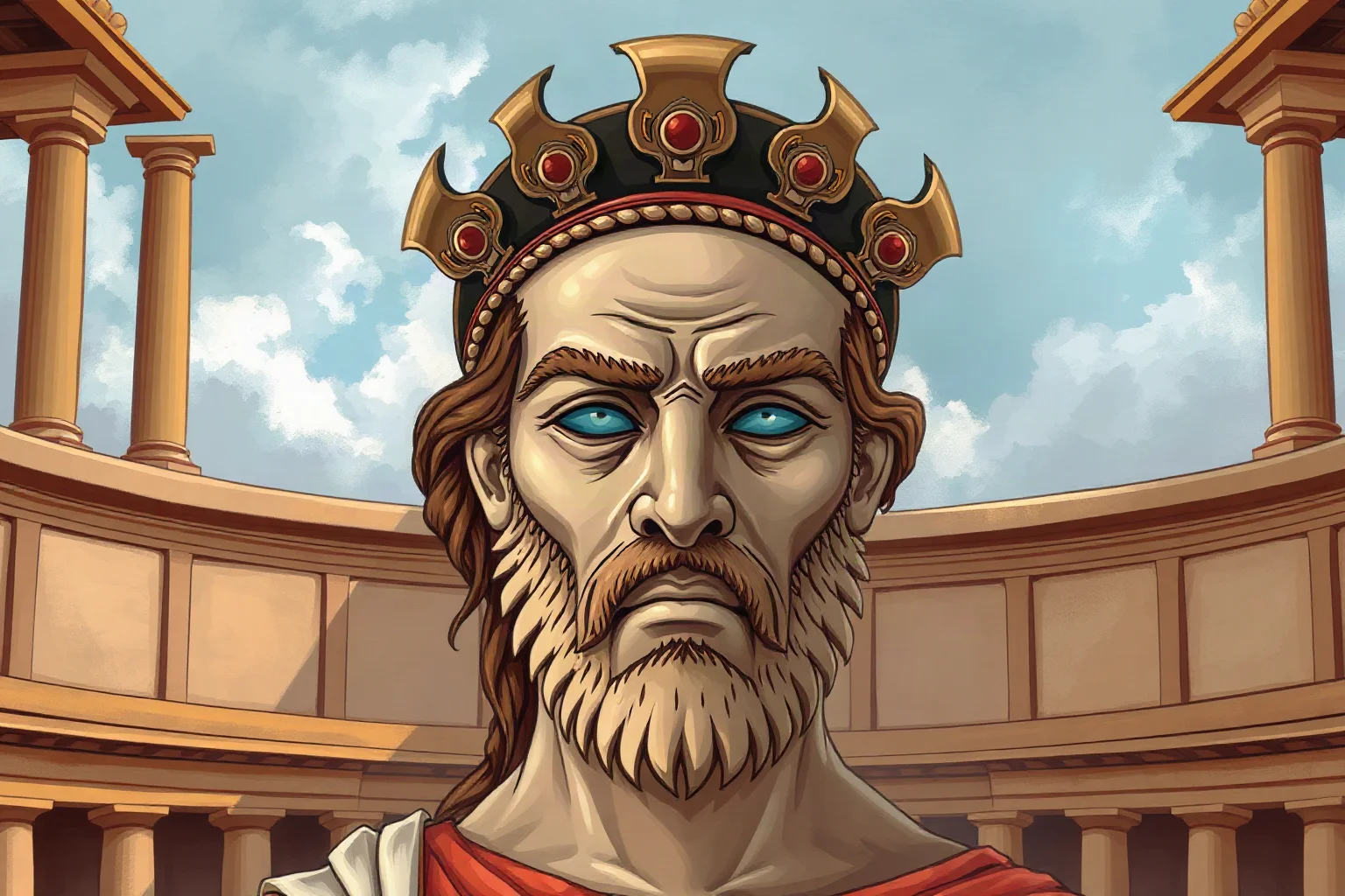 Illustrated ancient Greek theatre mask of a tormented king, evoking Oedipus Rex, in a stylized amphitheater setting