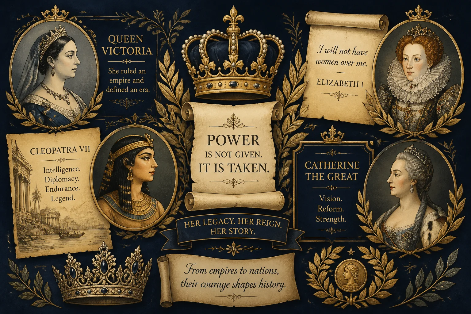 An elegant illustrated collage of crowns, scrolls, and laurel wreaths symbolizing historical female rulers, in a muted gold and navy color palette