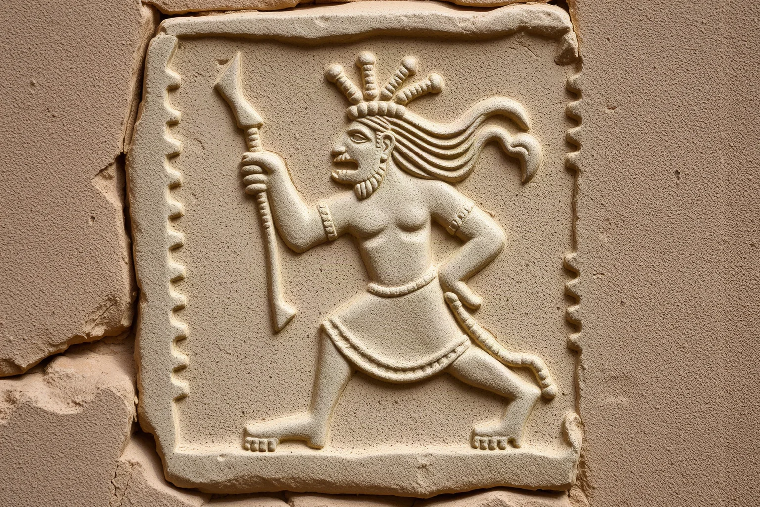 Hittite stone relief carving of a storm god holding a lightning bolt, Anatolian archaeological style