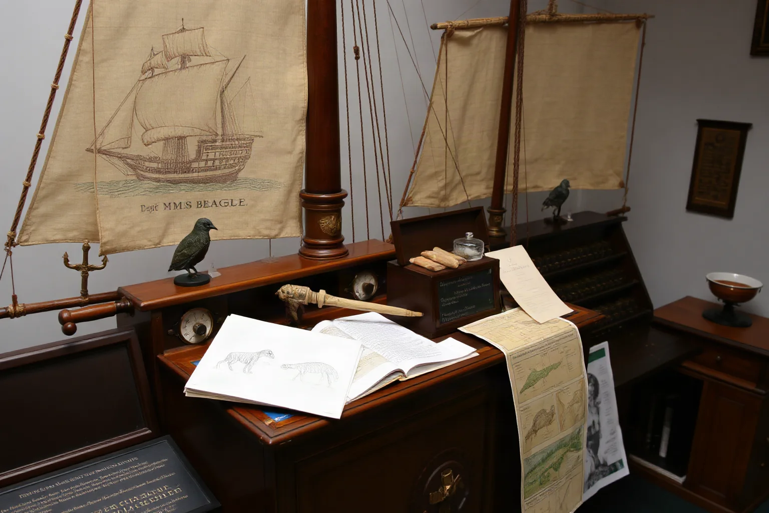 HMS Beagle sailing ship with specimens, naturalist sketches, and evolution theory diagrams displayed on ship's desk