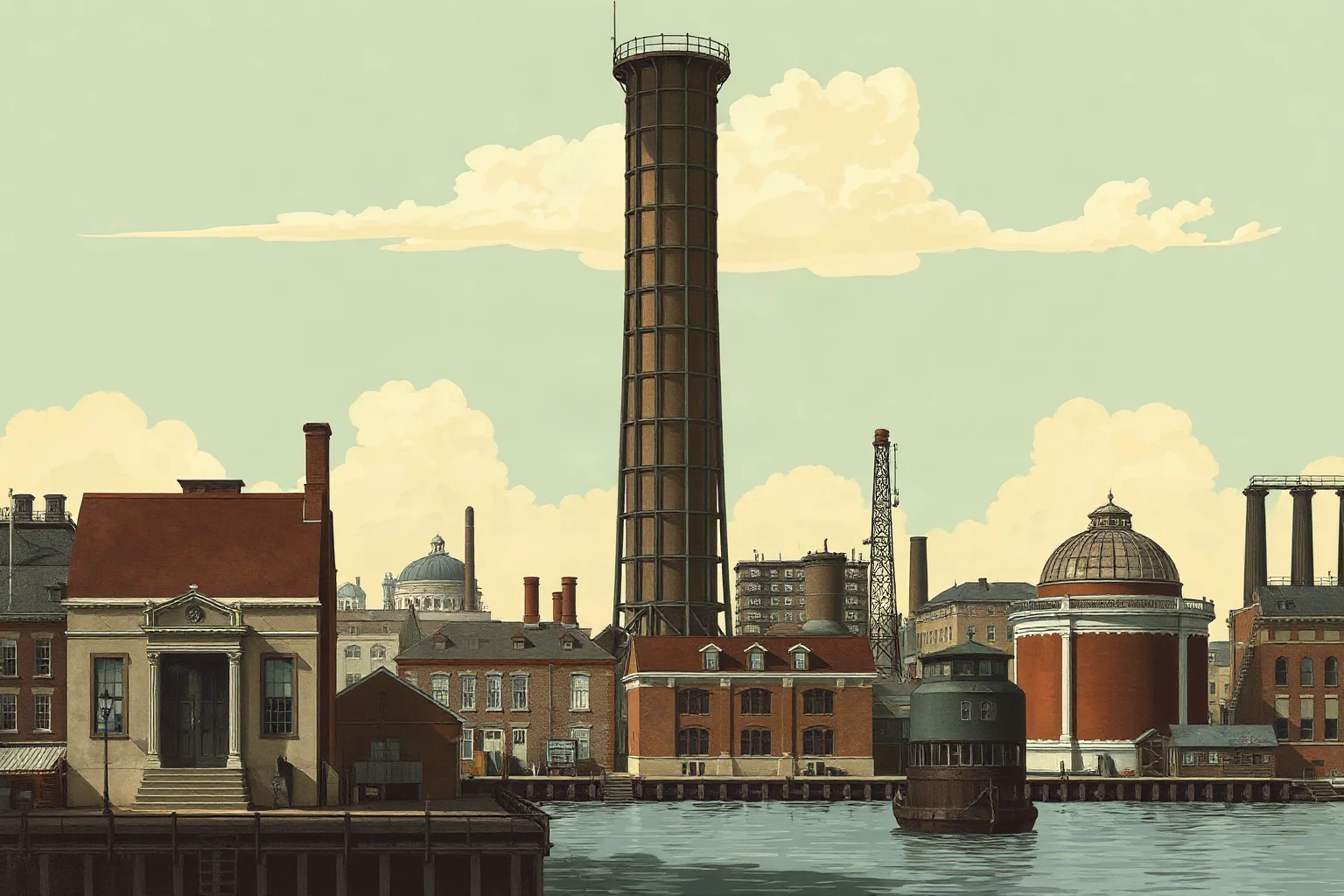 Historic-style illustration of a massive steel storage tank towering over a waterfront industrial neighborhood in early 20th century Boston