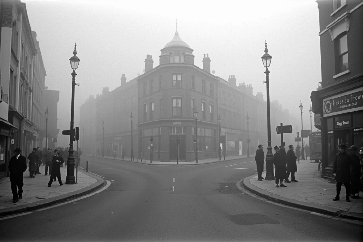 How an All-Female Gang Changed the Face of Crime in 19th Century London 2 Foggy Victorian-era street junction in South London with old shopfronts, evoking the Elephant and Castle neighborhood
