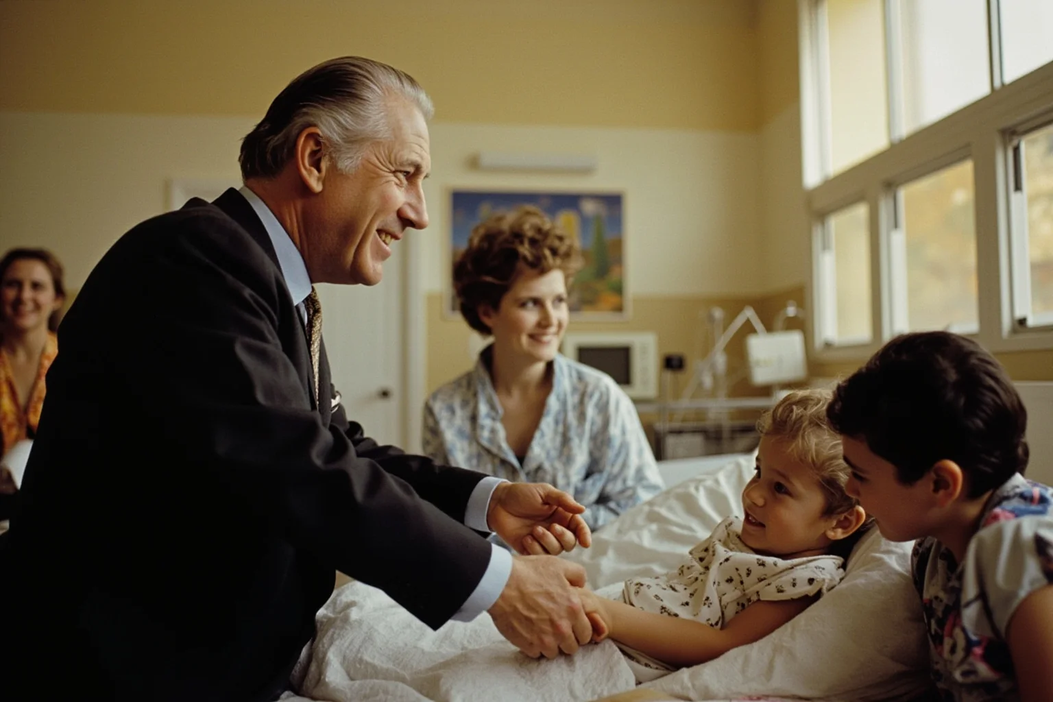 A compassionate royal figure in 1980s formal attire warmly shaking hands with a hospital patient in a hospital ward, no visible face detail, warm lighting