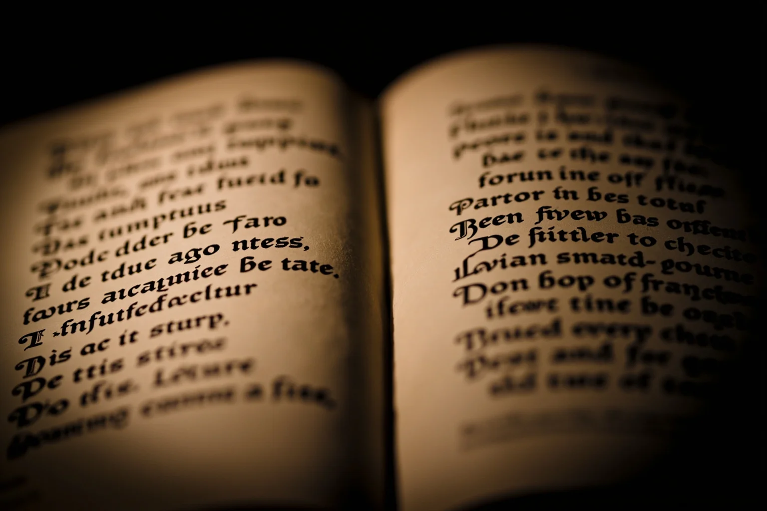 An illustrated open book page showing Elizabethan-style calligraphy text, dramatically lit, evoking a famous quote from a play
