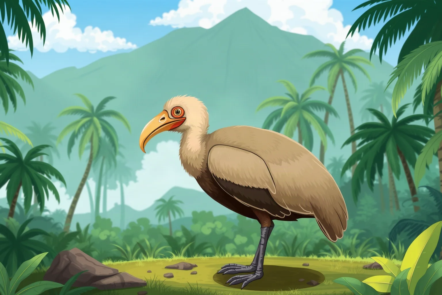 A detailed illustration of a dodo bird standing in a lush tropical forest on Mauritius, showing its rounded body, curved beak, and small wings.