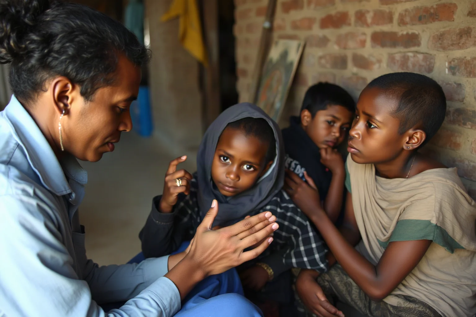 Humanitarian worker caring for impoverished people in humble setting, compassionate service imagery