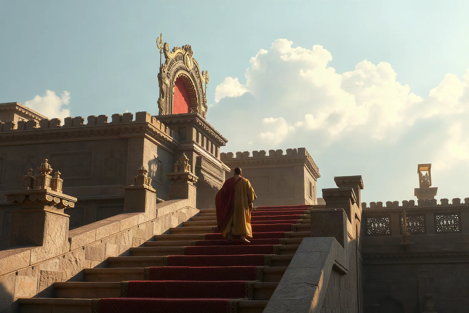 Humble-born ancient ruler in simple robes ascending palace steps toward a throne