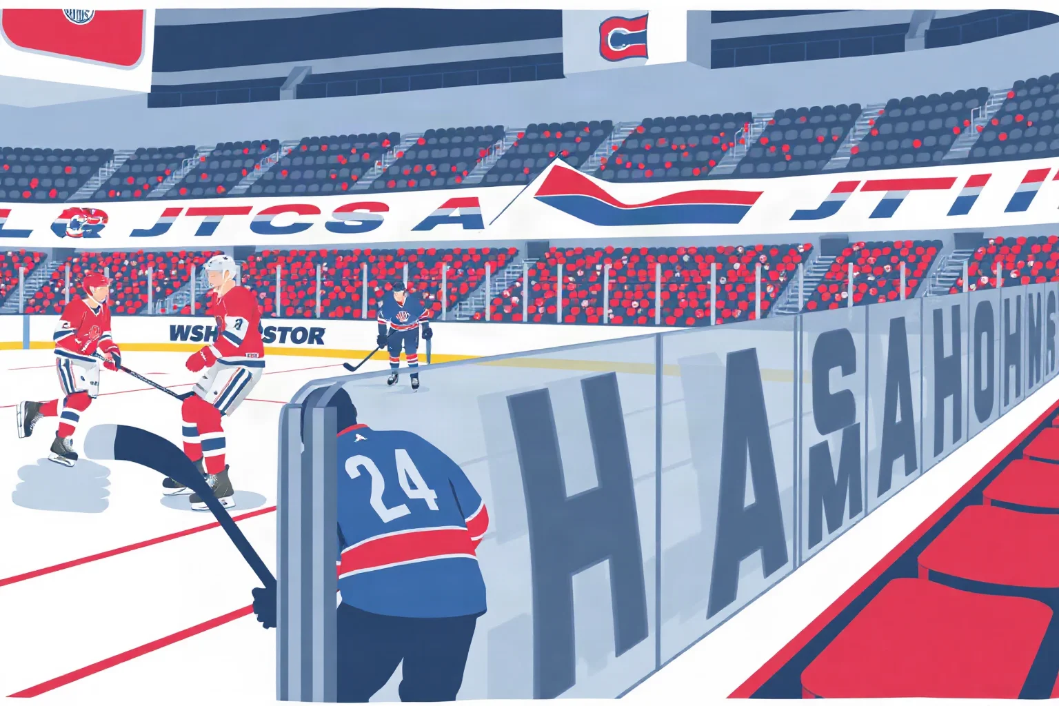 Ice hockey rink with red and blue team colors clashing along the boards, illustrative style