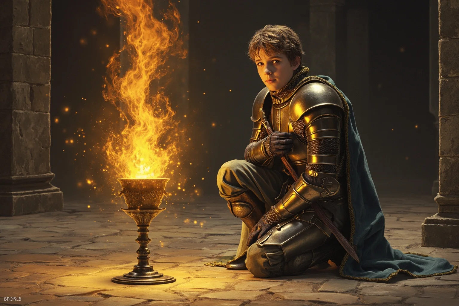 22 Most Notorious Knights From History: Heroes, Villains, and Legends 4 Idealized illustration of a pure young knight kneeling before a glowing chalice in a stone chapel