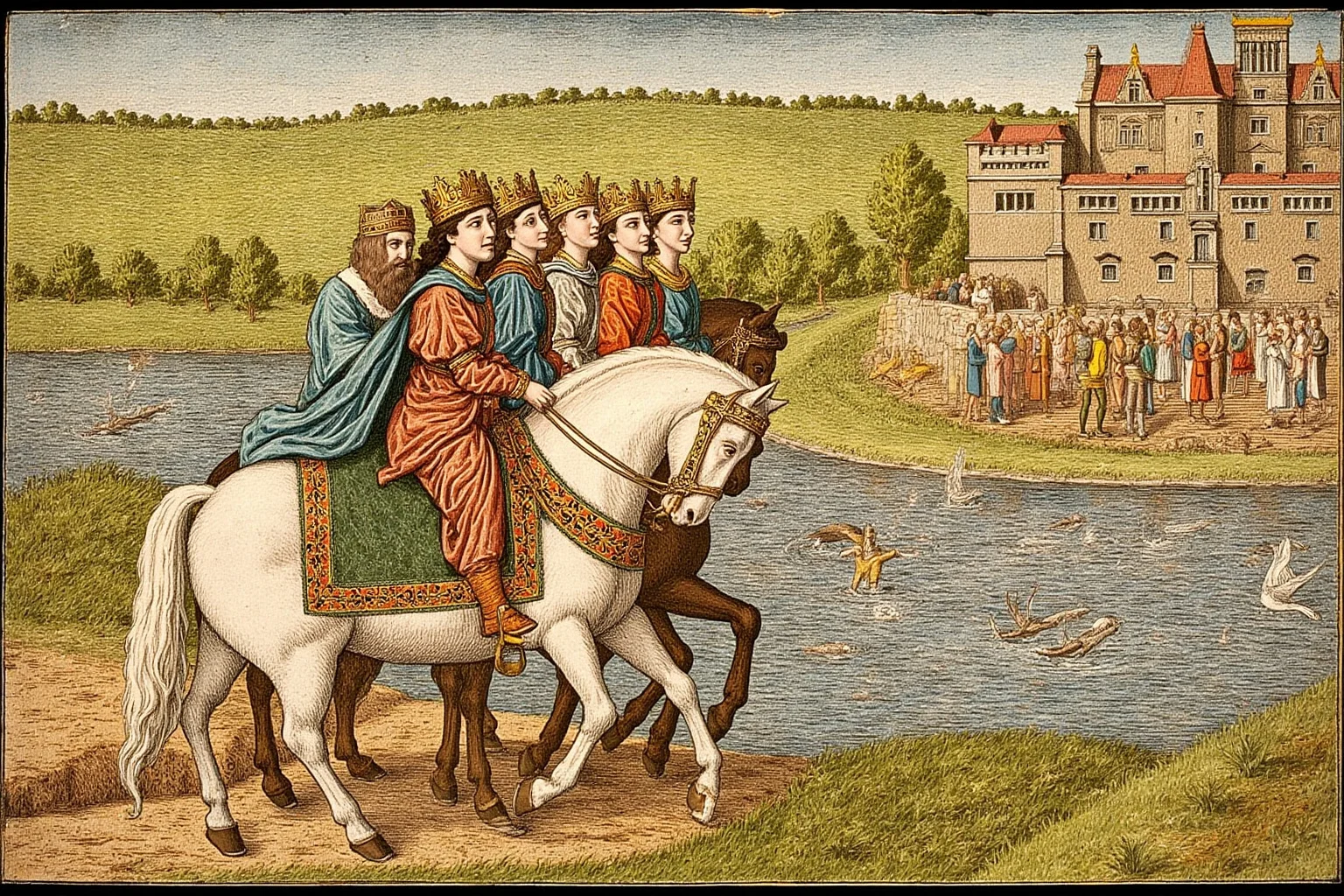 Illuminated manuscript style image of a medieval queen on horseback leading a procession beside a river castle