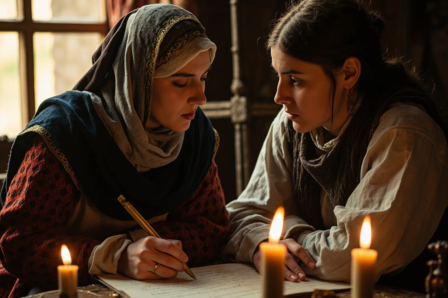 Illuminated manuscript style image of a medieval woman dictating her life story to a scribe beside a candlelit window