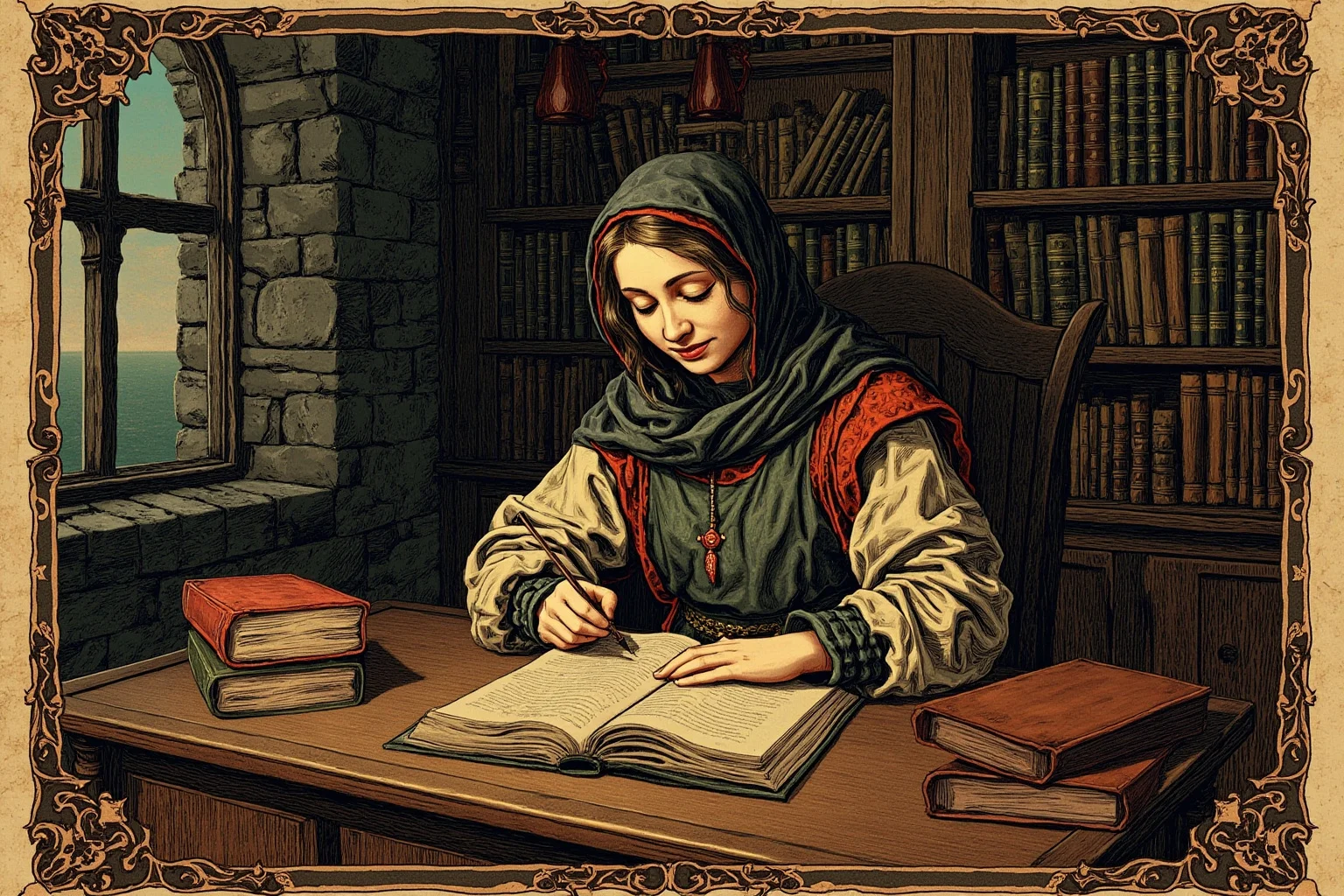 Illuminated manuscript style image of a medieval woman writer at a desk surrounded by books in a stone tower study