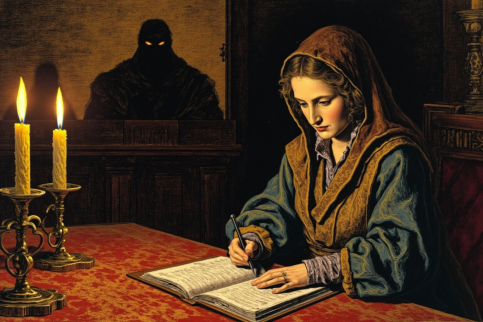 Illuminated manuscript style image of a woman mystic writing at a candlelit table with a stern church tribunal shadow in the background