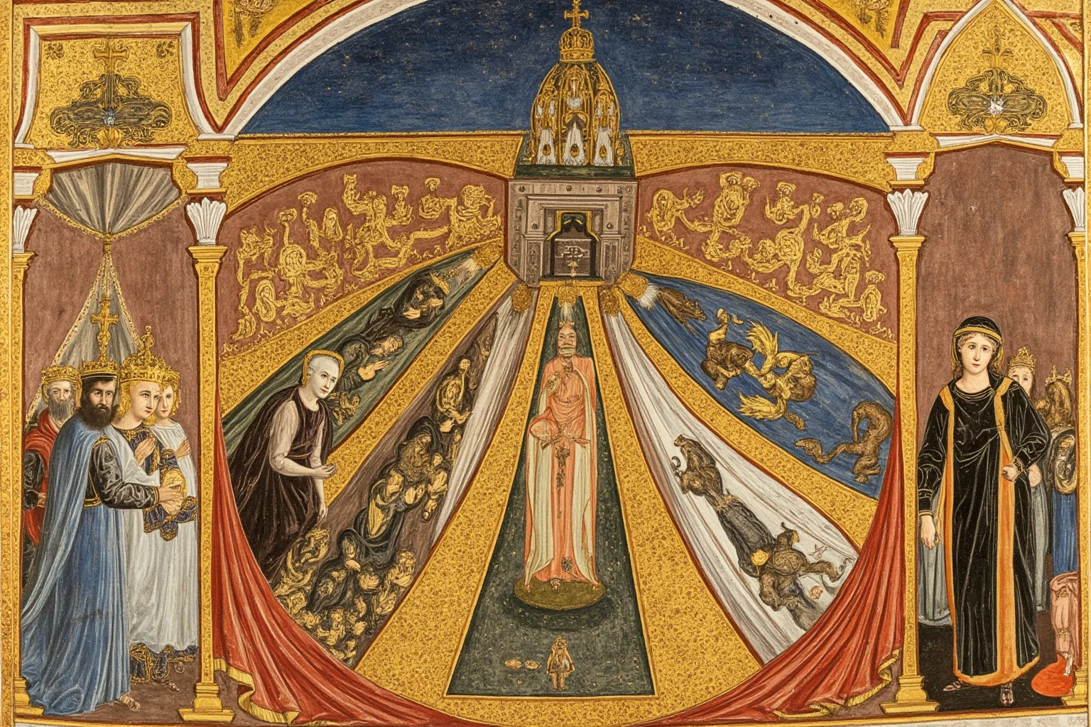 Illuminated-manuscript style painting of a Byzantine empress being crowned in a grand domed cathedral