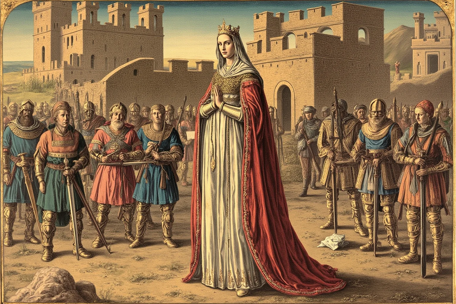 Illuminated manuscript style portrait of a medieval queen in a long gown standing before knights and a besieged castle