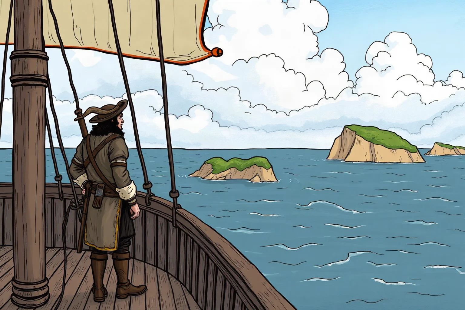 Illustrated 15th-century explorer standing on a ship deck looking toward a distant unknown coastline