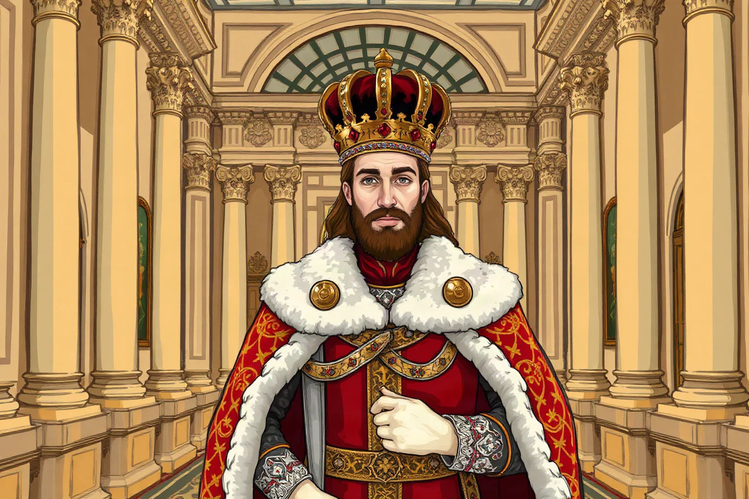 Illustrated 16th-century English king in ornate royal robes and crown standing in a grand palace hall