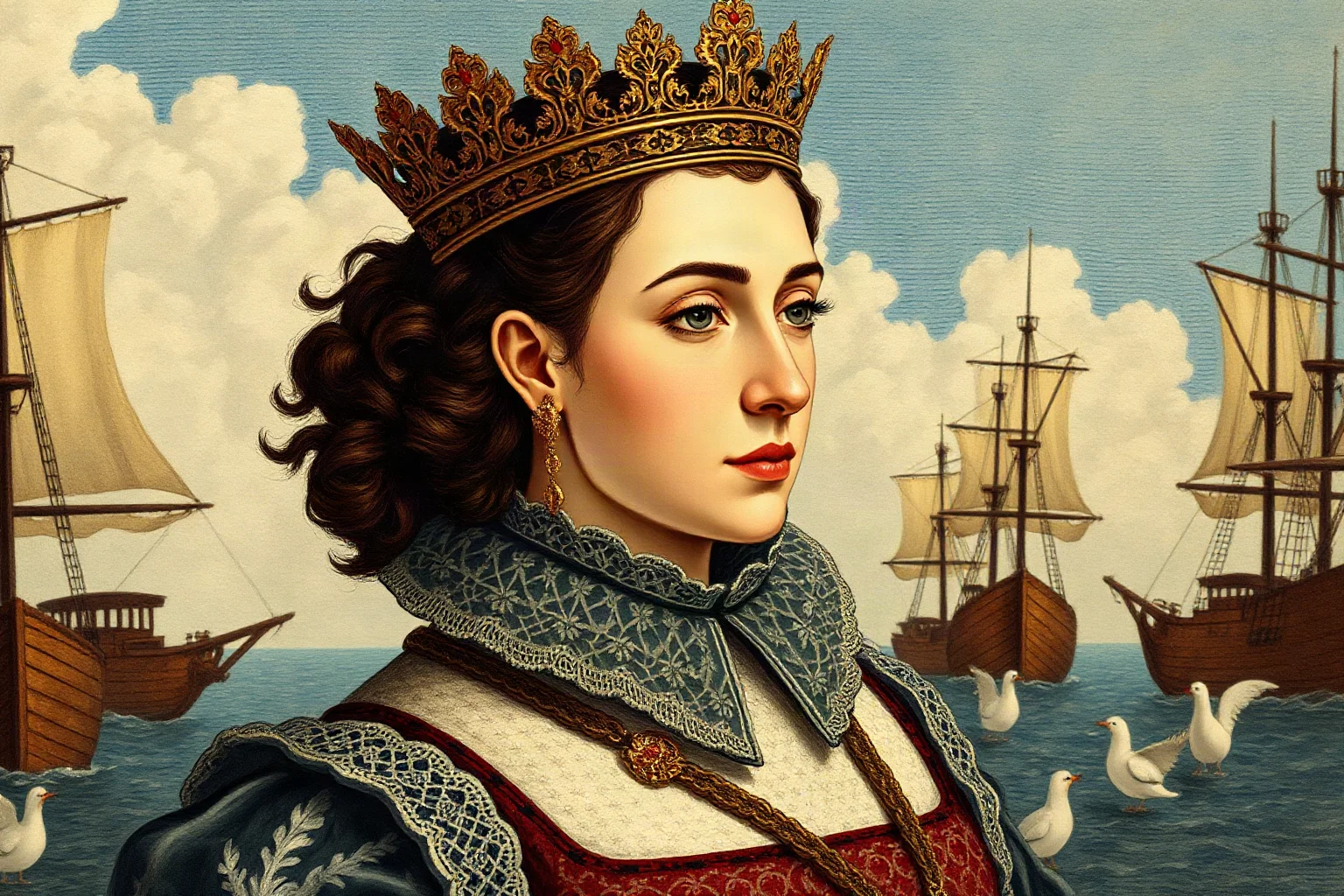 Illustrated 16th-century English queen in an elaborate lace collar and crown standing before naval ships