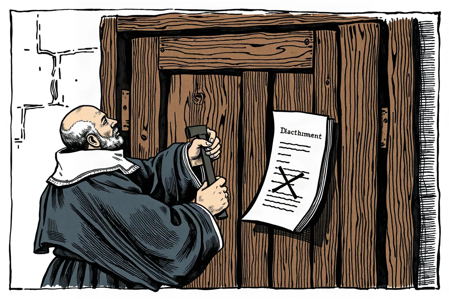 Illustrated 16th-century German monk nailing a document to a wooden church door