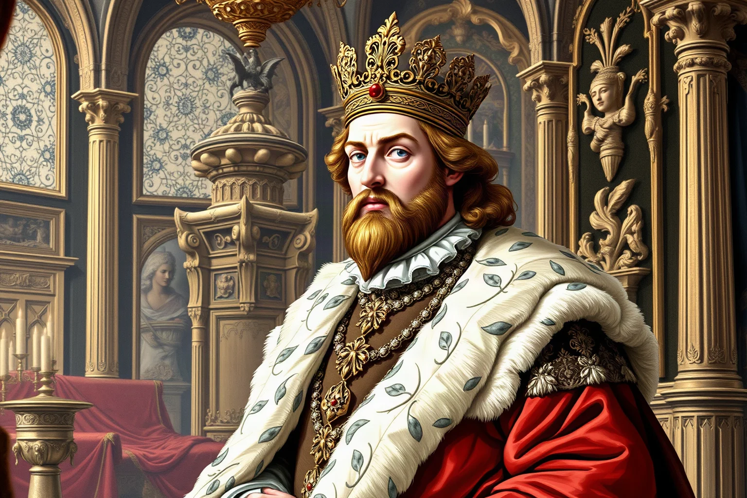 Illustrated 17th-century English king in royal court dress with an ornate palace interior background