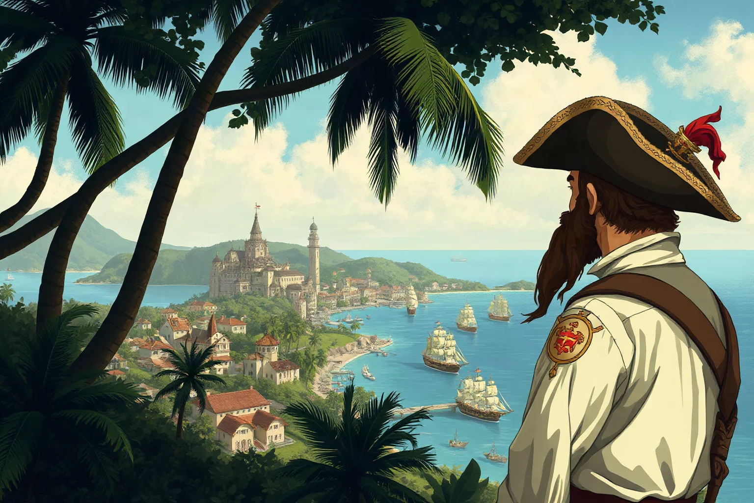 Illustrated 17th-century privateer captain overlooking a tropical port city from a hilltop, ships in harbor below, painterly style