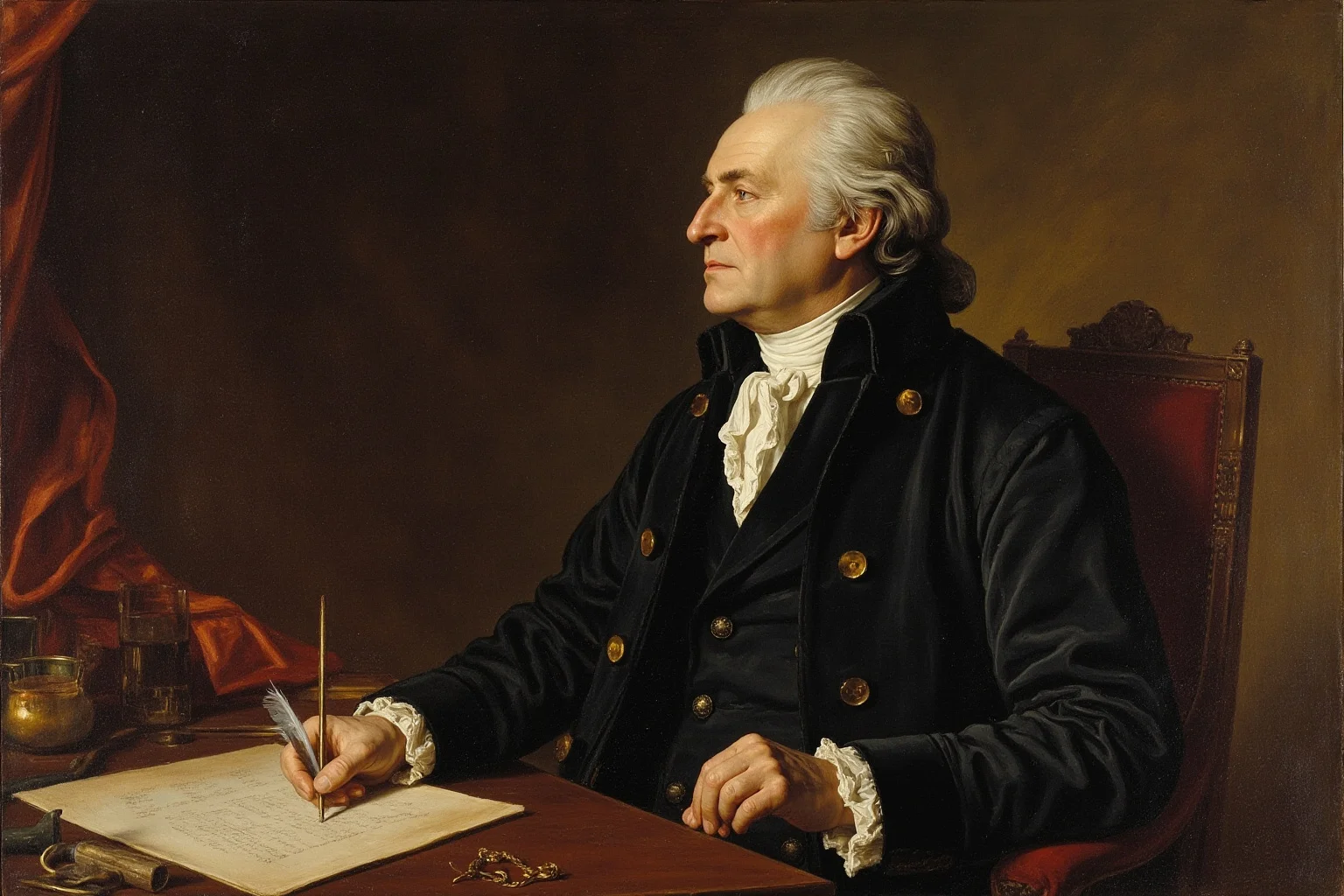 Illustrated 18th-century American statesman in a formal coat seated at a writing desk with quill and parchment