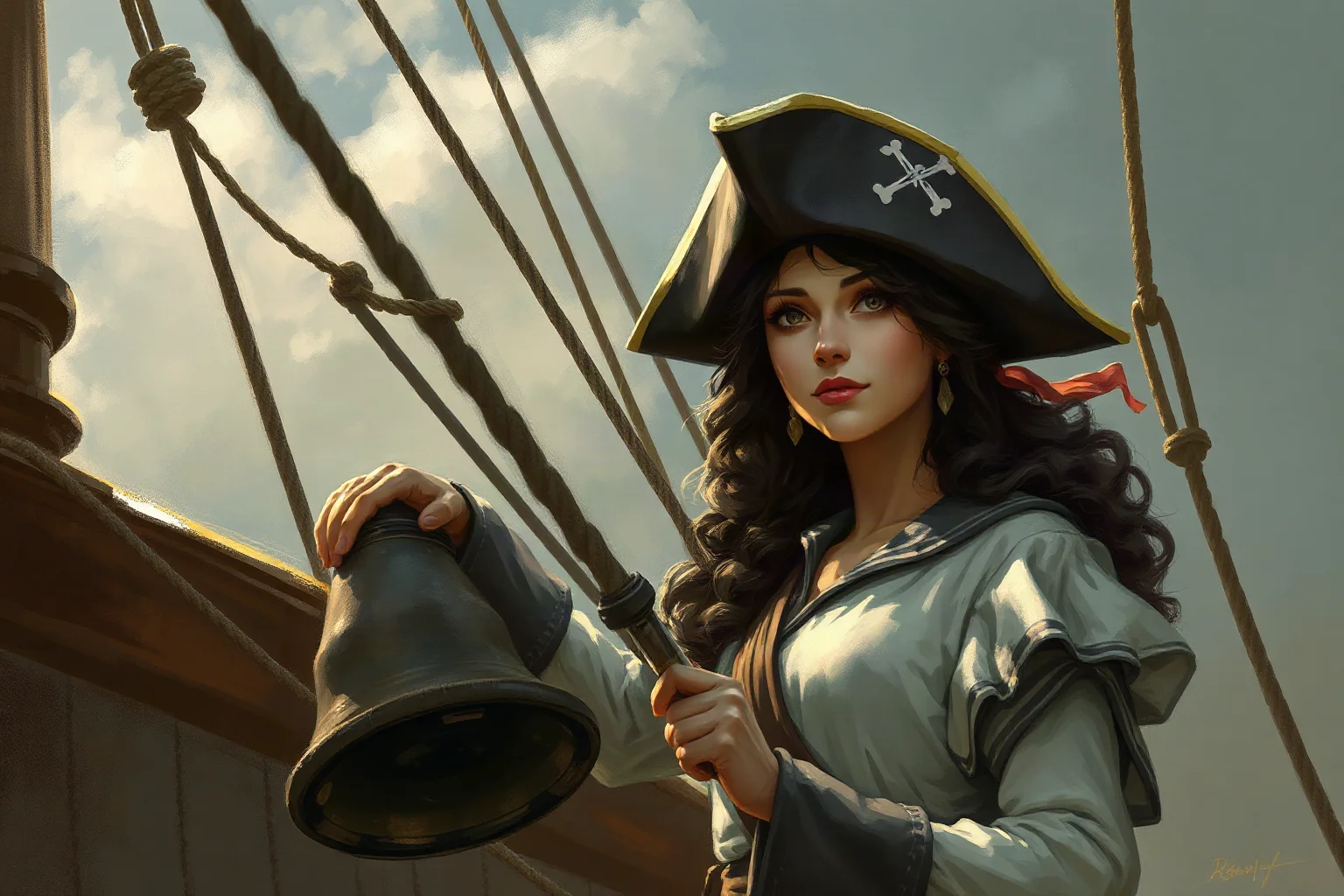 Illustrated 18th-century female pirate disguised in men's sailor clothing standing near a ship's rigging, dramatic lighting, painterly style
