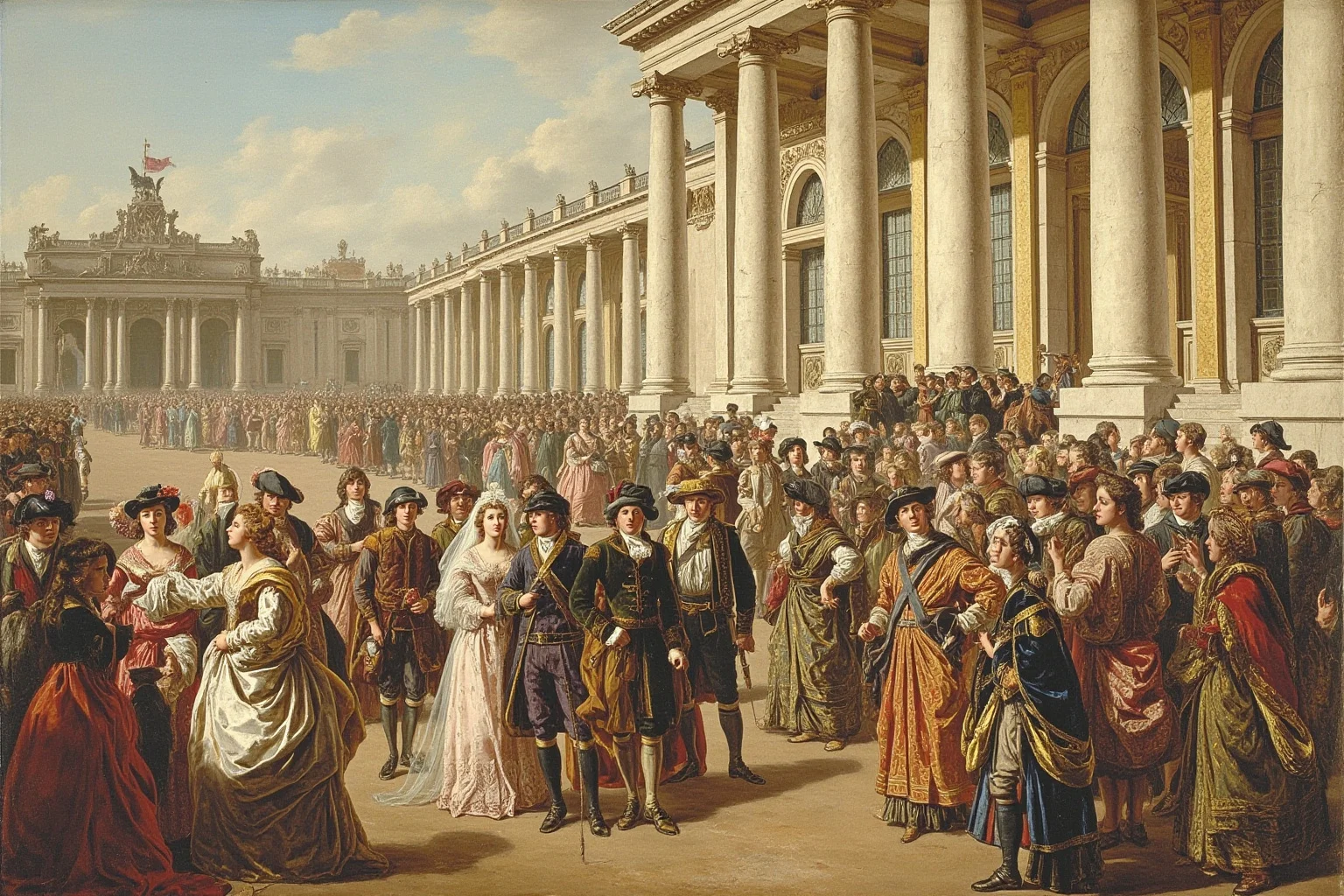 Surprising Facts About Marie Antoinette (And 10 Misconceptions) 3 Illustrated 18th-century royal wedding procession arriving at a grand French palace, painterly style, no identifiable real faces