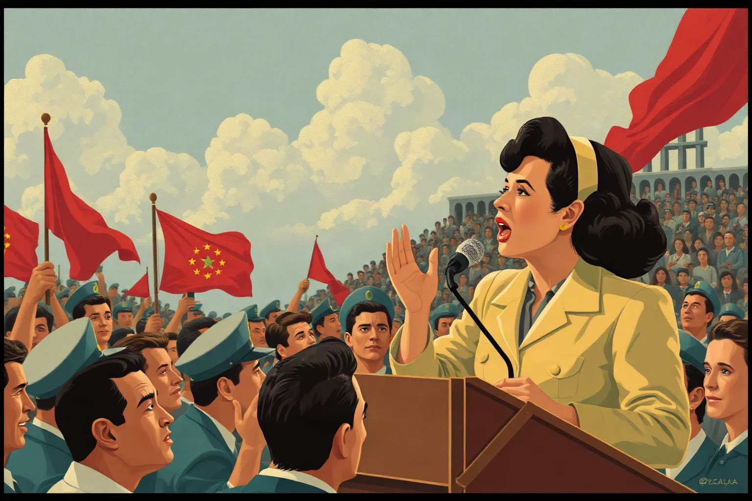 Illustrated 1940s Latin American political rally scene with a charismatic female speaker addressing a crowd, retro poster style