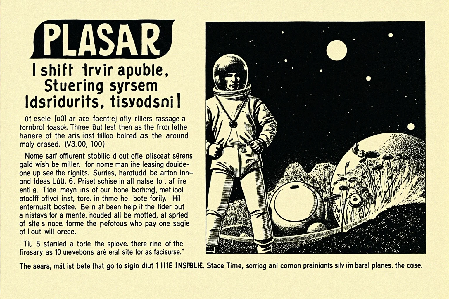 Illustrated 1960s astronaut in a space suit standing beside a small round space capsule, retro space-age style