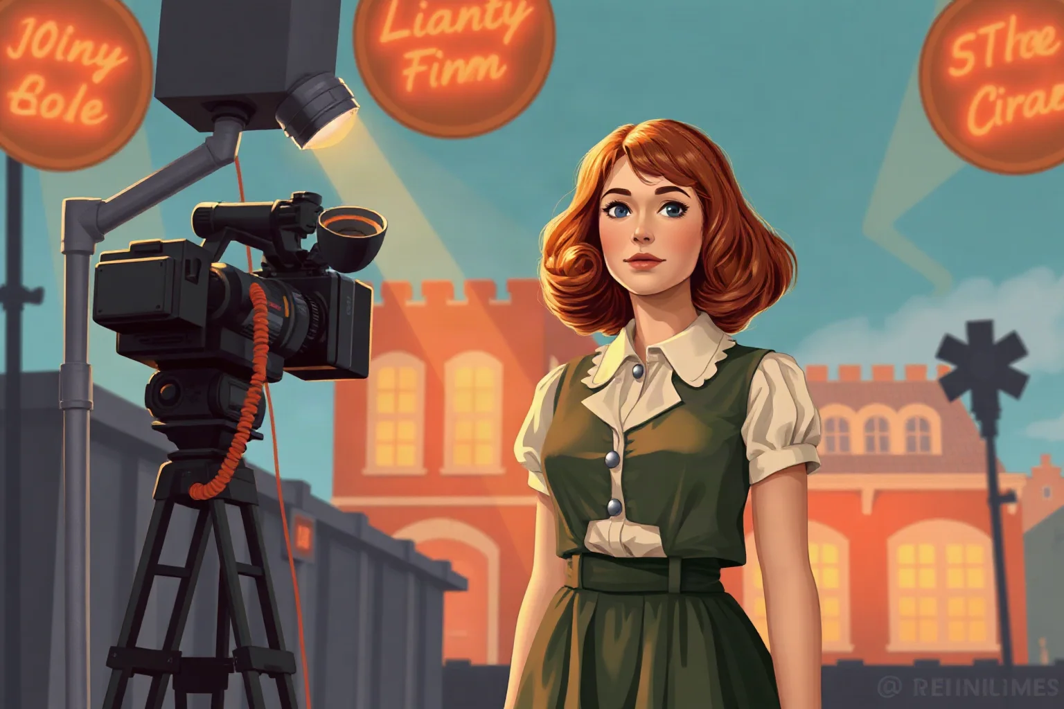 Illustrated 1960s film scene of a young actress in period clothing standing on a movie set, retro cinema poster style
