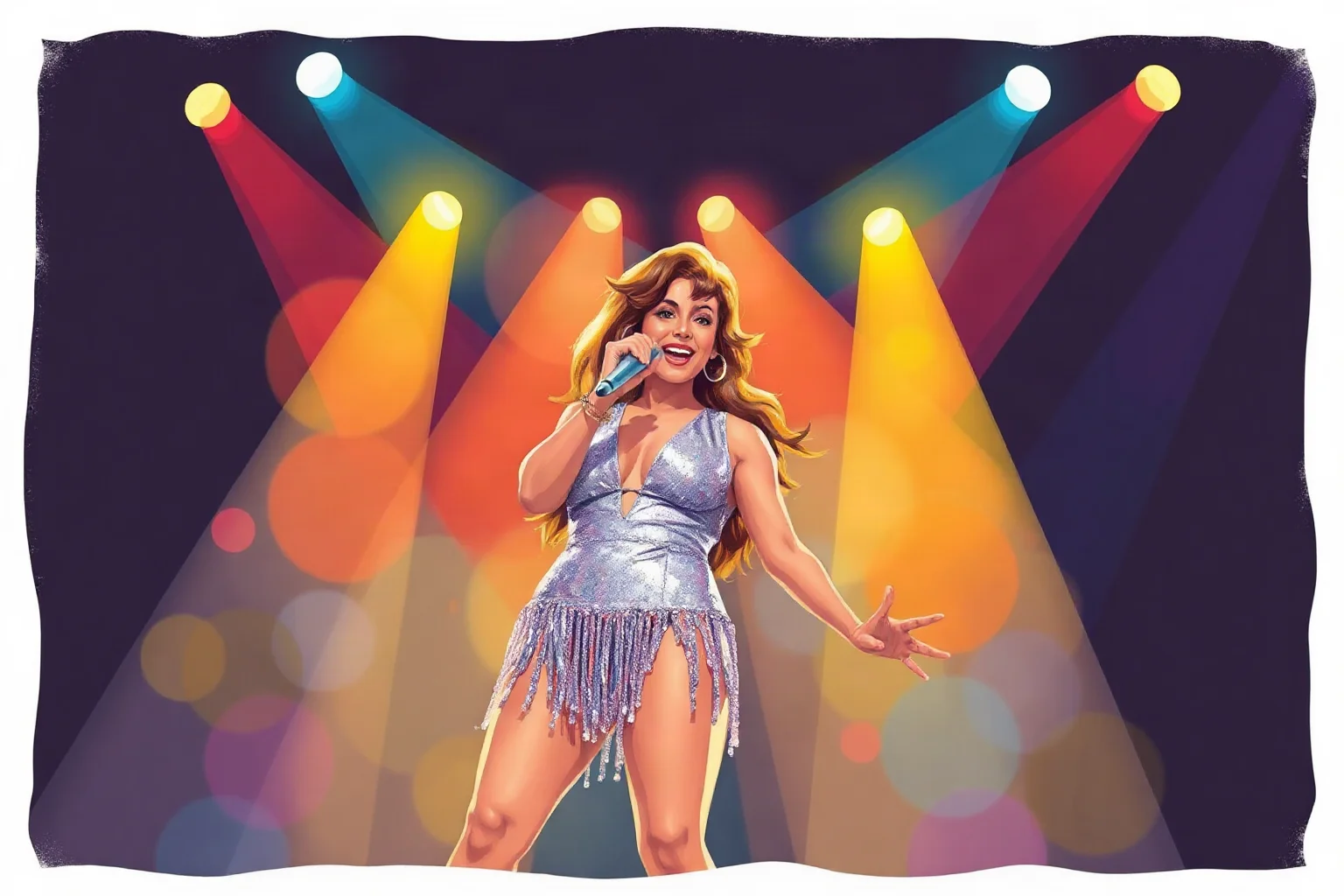 Illustrated 1990s Latin pop singer performing on stage in a glittering outfit under colorful stage lights, retro concert poster style