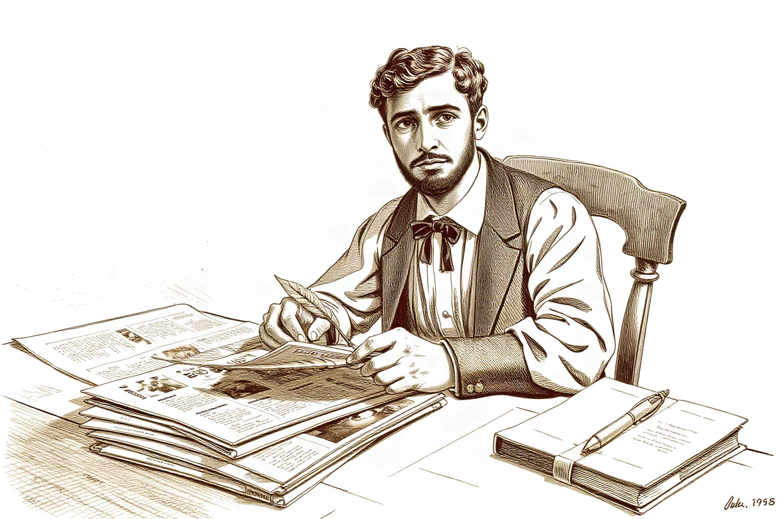 Illustrated 19th-century Cuban writer at a desk with newspapers and a quill pen, sepia-toned historical illustration
