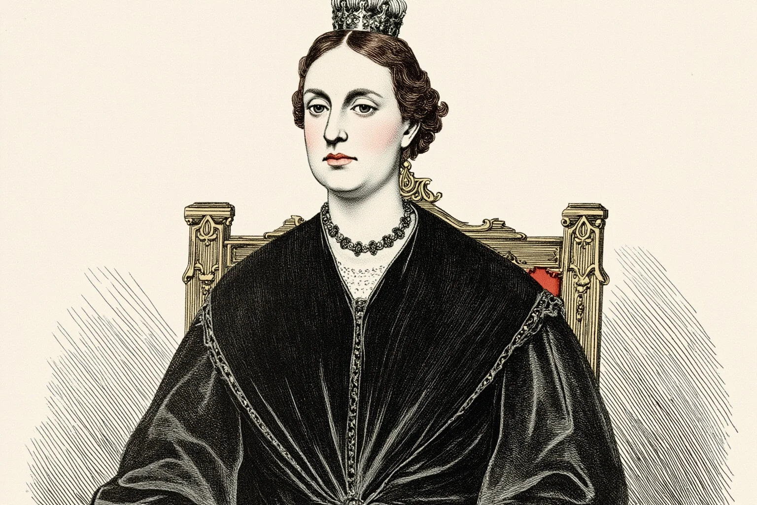 Illustrated 19th-century European queen in mourning black dress and small crown seated on an ornate throne