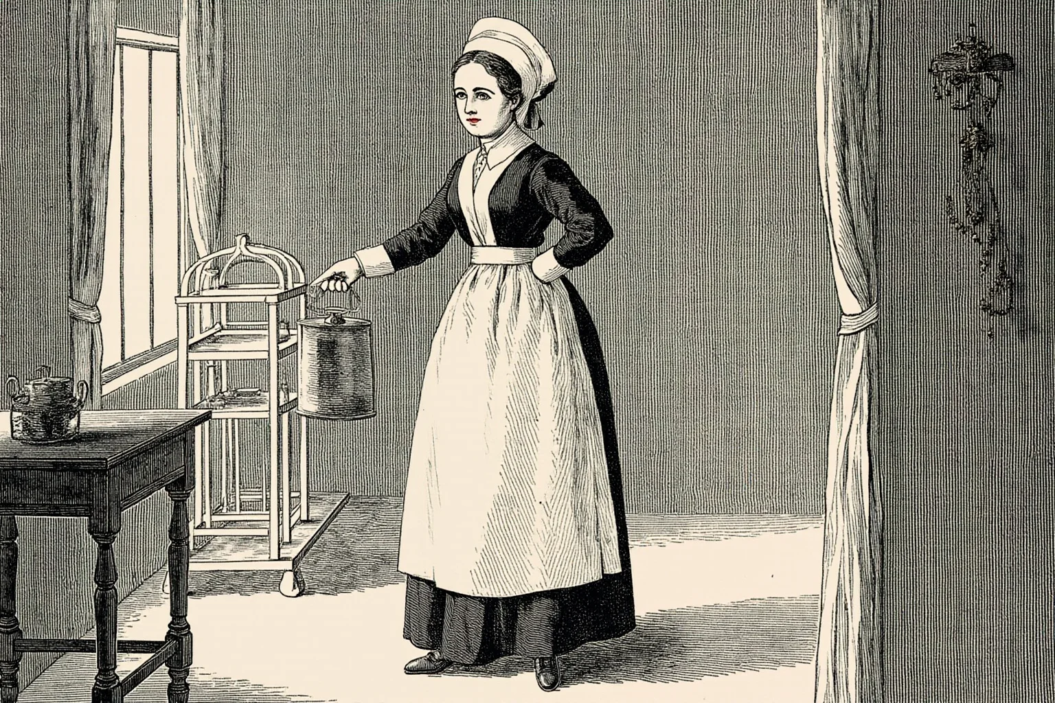 25 Vintage Baby Names Inspired by Historical Figures 24 Illustrated 19th-century nurse in Victorian nursing uniform holding a lantern in a hospital ward