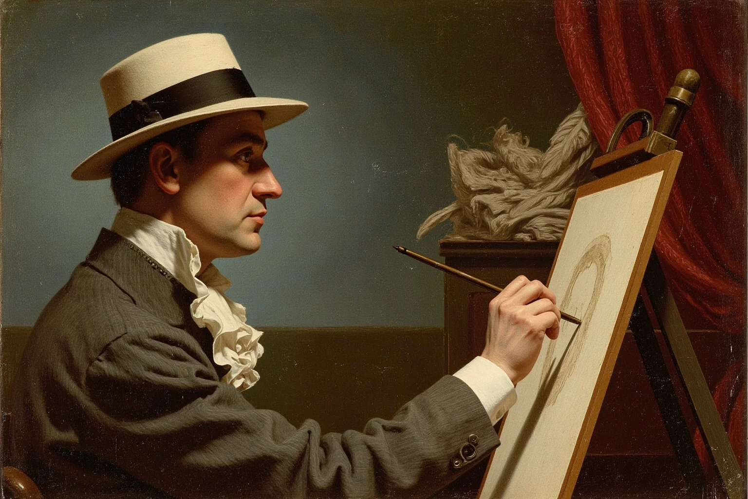 Illustrated 19th-century painter with a cane sketching at an easel in a Parisian cabaret setting