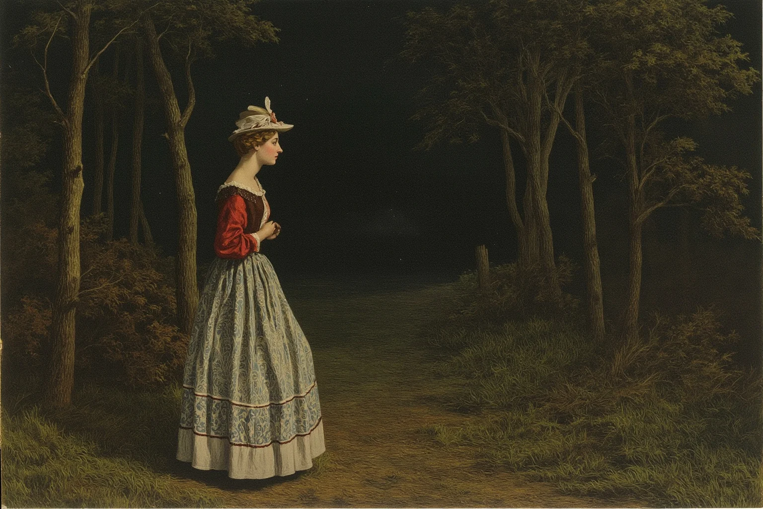 25 Vintage Baby Names Inspired by Historical Figures 20 Illustrated 19th-century woman in modest dress standing near a wooded escape route at night, historical style