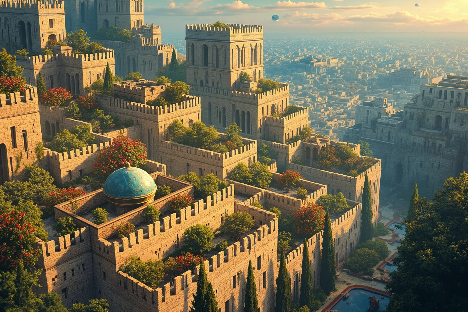 Illustrated ancient Babylon with tiered hanging gardens and glazed blue city walls at dusk