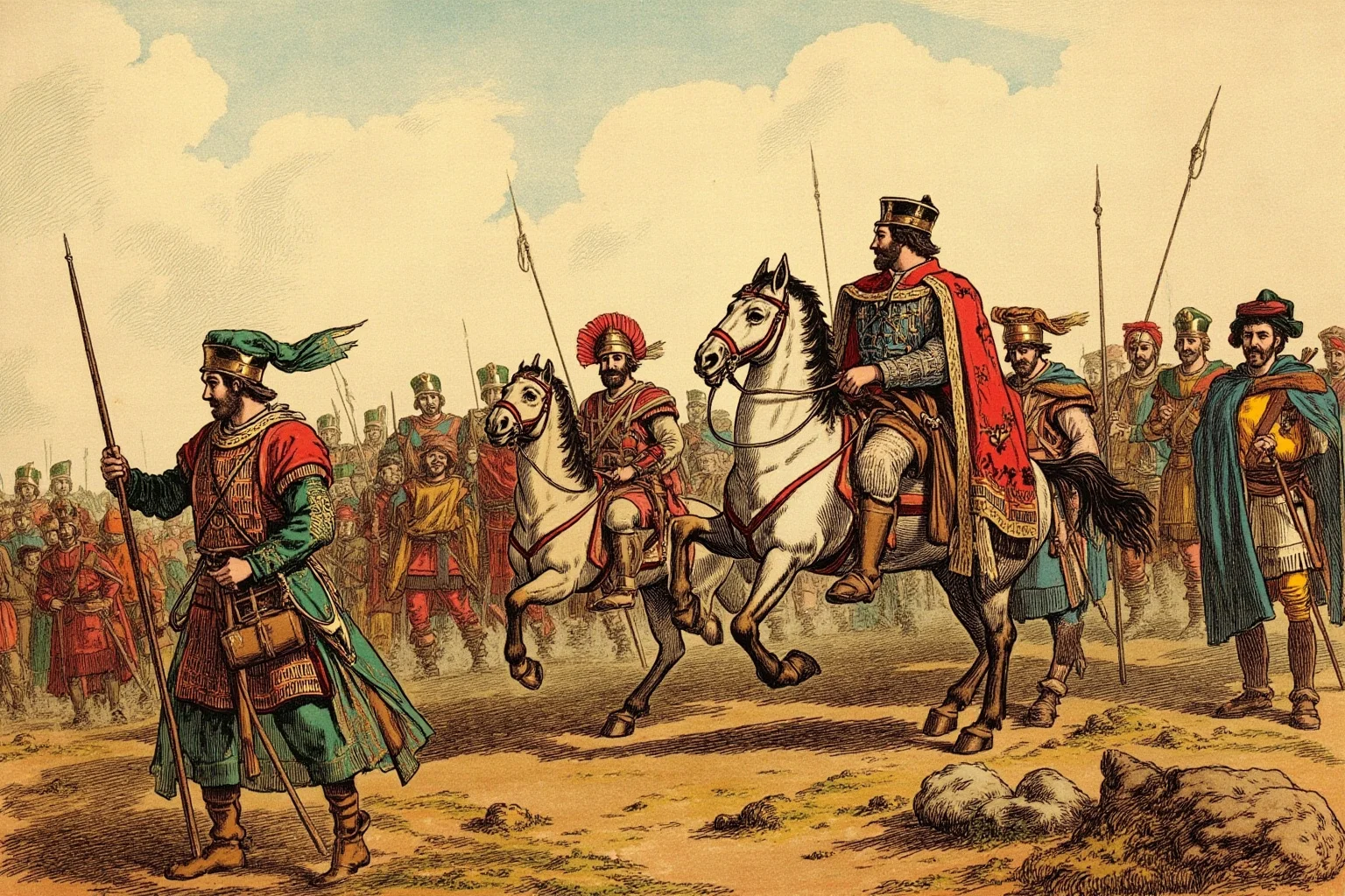 It's In The Name: Why Alexander The Great Is Considered History's Greatest General 5 Illustrated ancient battlefield scene showing a commander on horseback leading troops at the front line, painterly style
