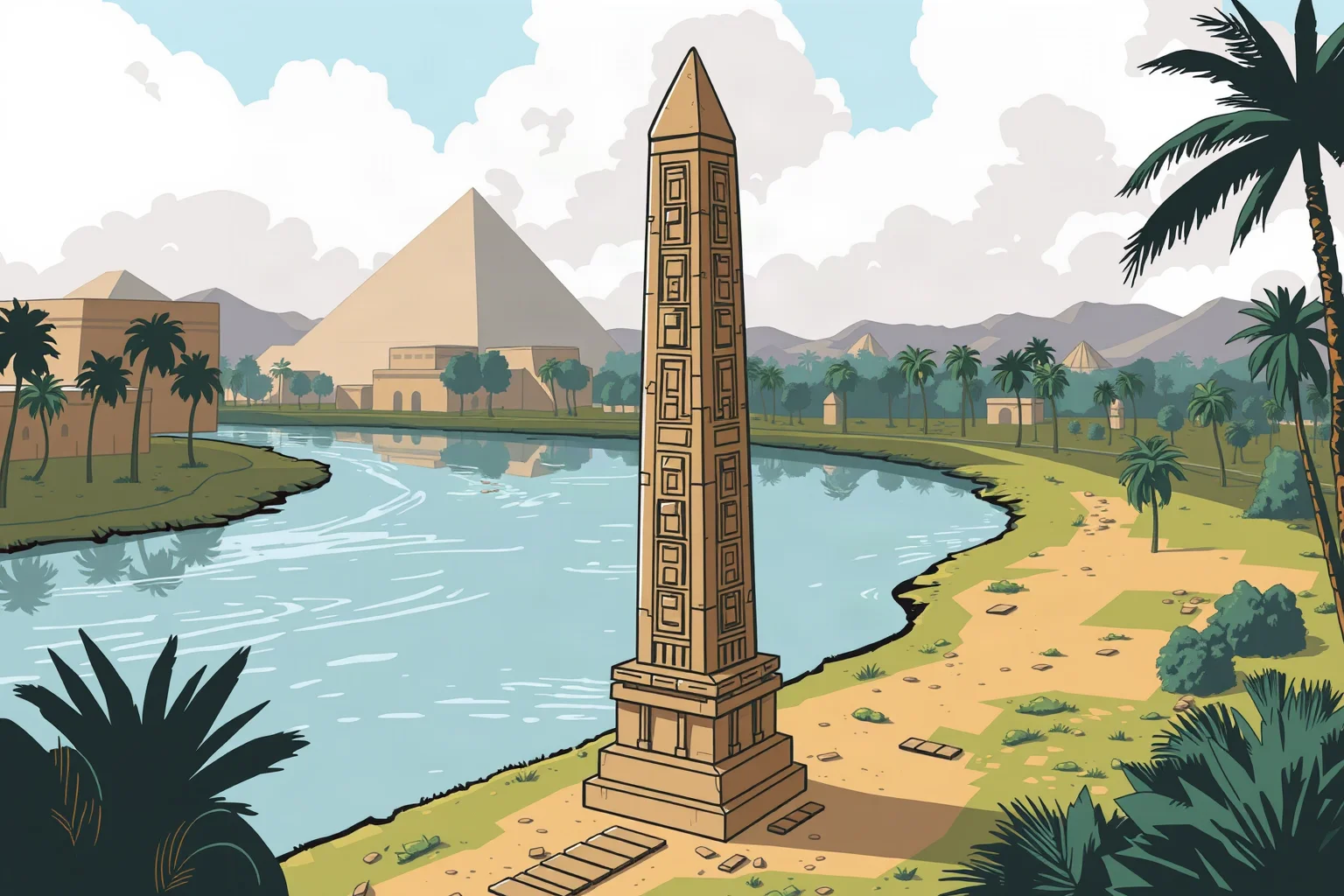 Illustrated ancient Egyptian obelisk standing beside a river, historical monument art style