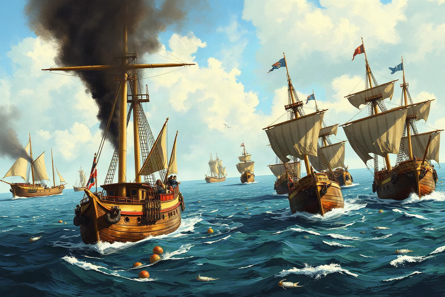 Illustrated ancient naval battle scene with Mediterranean warships, historical art style