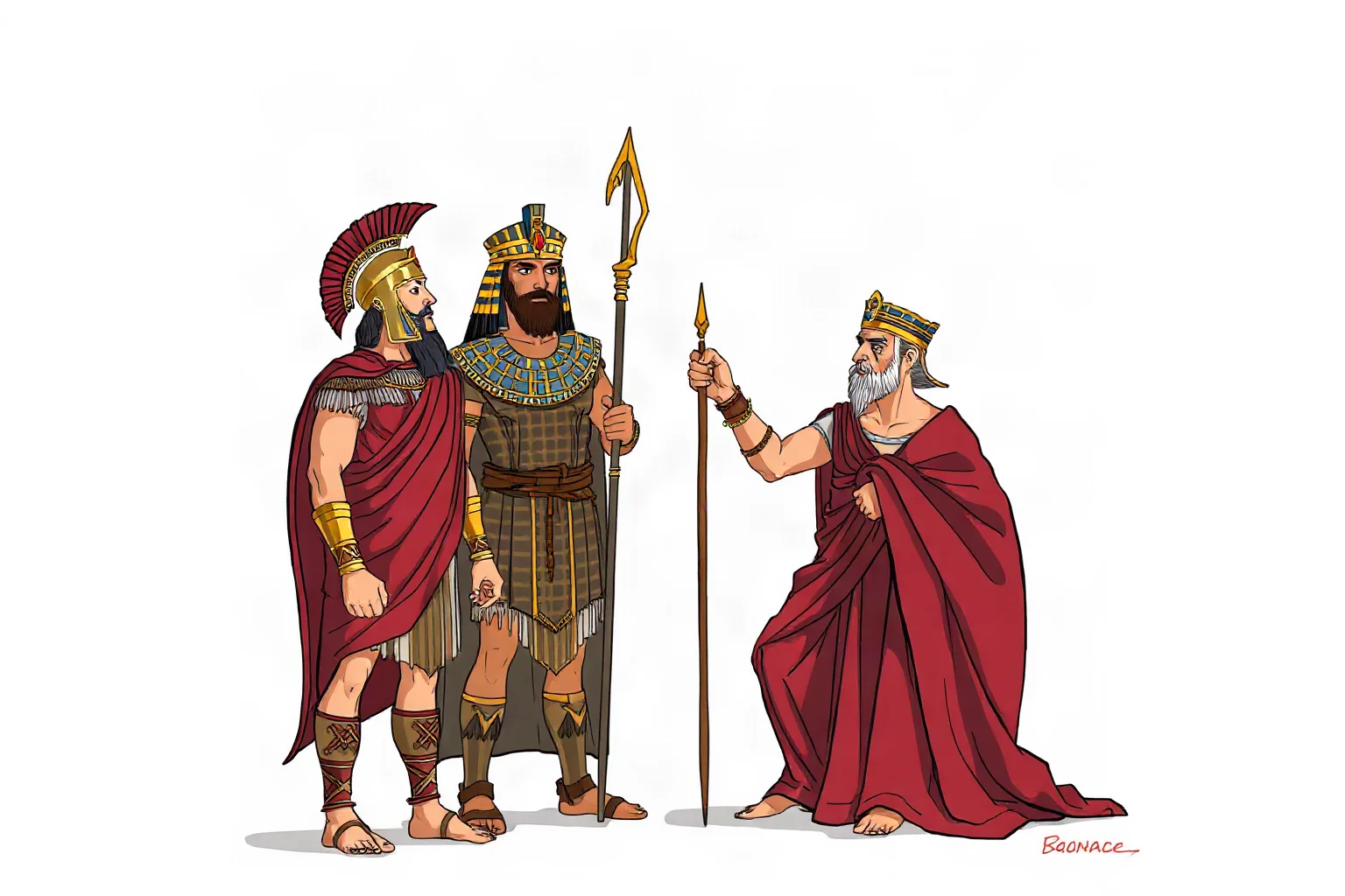 Illustrated ancient Roman and Egyptian figures in a formal alliance meeting, historical illustration style