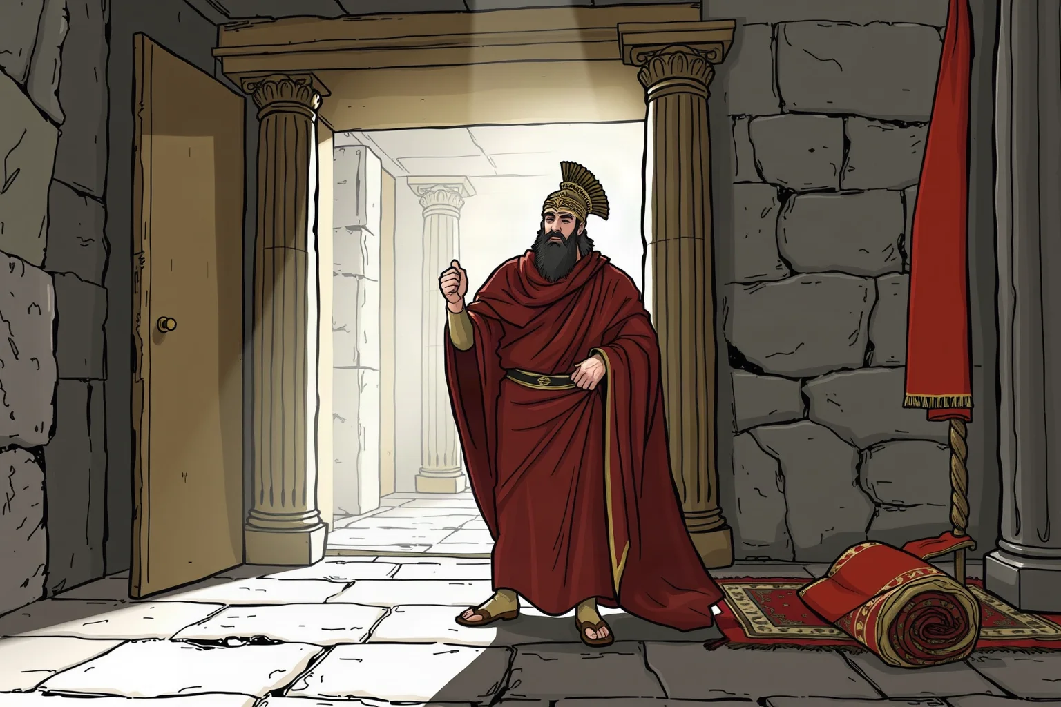 Illustrated ancient Roman general entering a chamber with a rolled carpet nearby, historical dramatic scene