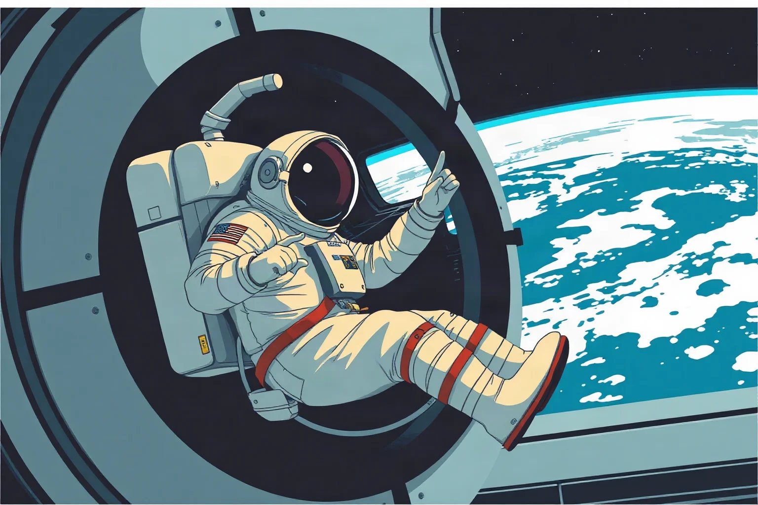 Illustrated astronaut in a spacesuit floating near a space shuttle window with Earth visible outside, retro space-program poster style