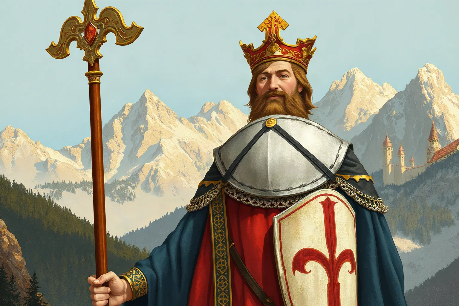 Illustrated bearded Holy Roman Emperor in ceremonial armor standing before Alpine mountains, medieval fresco style