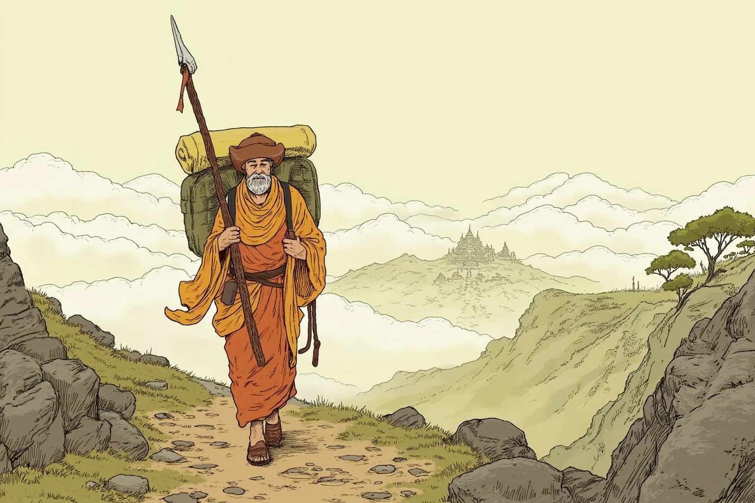 Illustrated Buddhist monk with a traveling pack and staff walking along a mountain path toward distant temples